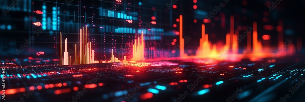 Aufkleber artistic rendering of financial charts and graphs with glowing lights on dark background