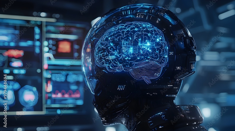 Poster futuristic brain-computer interface helmet with holographic diagnostic screens