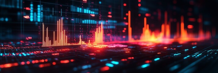 Fototapeta premium Artistic rendering of financial charts and graphs with glowing lights on dark background