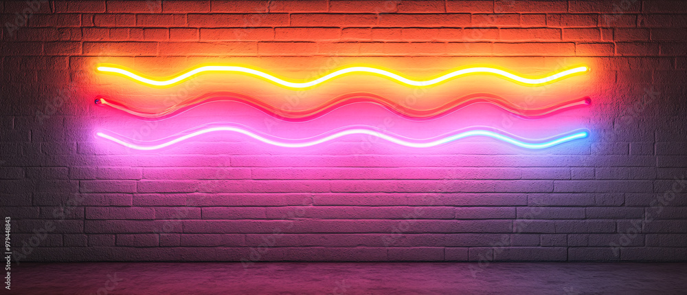 Aufkleber vibrant neon lights in wavy patterns illuminate a brick wall, creating a dynamic and colorful