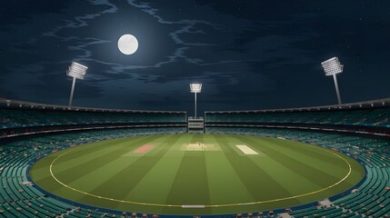 A vector depiction of a cricket stadium under a full moon. Looking forward to a busy evening game on gorgeous green fields.
