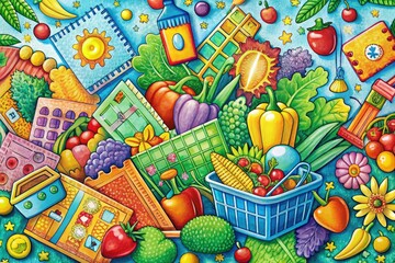 Whimsical, hand-drawn illustrations of coupons and groceries mingle with real-life items on a bright, colorful background, creating a playful, fantastical scene.