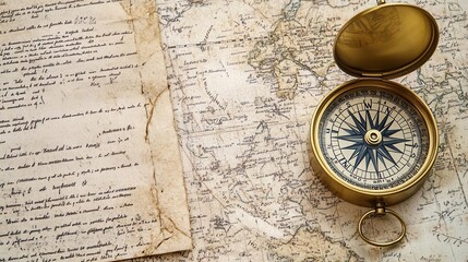 Compass and map, with a background of weathered travel documents and exploration logs