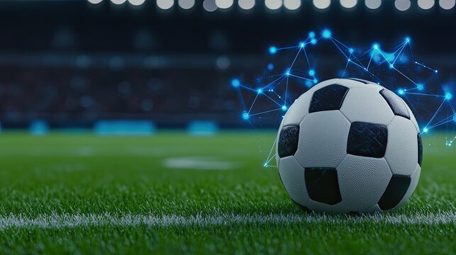 A soccer ball rests on a blurred stadium field, enhanced by blue glowing lines and digital connections, showcasing a modern, technology-driven sporting environment