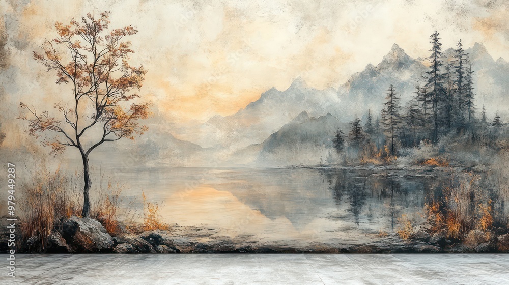 Poster a painting of a forest with a tree and a lake