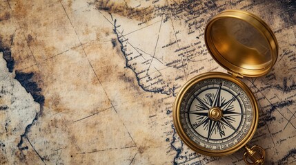 Compass and map, with a background of weathered travel documents and exploration logs