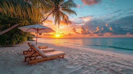 Tropical beach scene with palm trees and sunset over ocean © Kingboy
