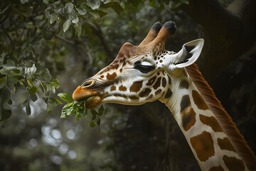 Fototapeta premium Giraffe eating leaves with a lime background 