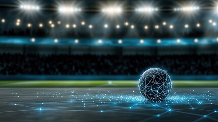 A soccer ball rests on a blurred stadium field, enhanced by blue glowing lines and digital connections, showcasing a modern, technology-driven sporting environment