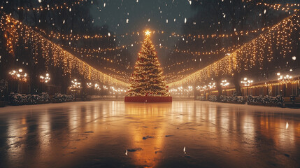 christmas tree with garlands in the center of outdoor city rink
