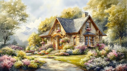 Charming stone cottage surrounded by vibrant flowers in a serene garden, perfect for nature lovers and home illustrations.