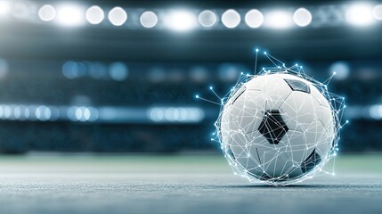 A soccer ball rests on a blurred stadium field, enhanced by blue glowing lines and digital connections, showcasing a modern, technology-driven sporting environment