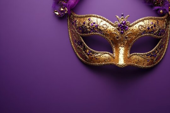 A close-up of a golden and purple masquerade mask against a purple background, embodying elegance and festivity.