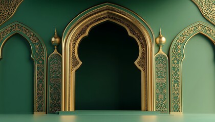 3D rendering of an Islamic arch with lanterns hanging on the sides. The background is dark blue, and there's wooden flooring 