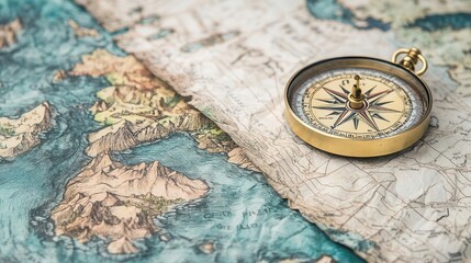 Compass on a crinkled map with hand-drawn coastlines, evoking ancient voyages