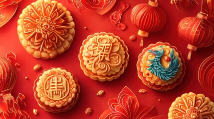 Colorful mooncakes decorated with traditional designs set against a vibrant red background, perfect for festive celebrations.