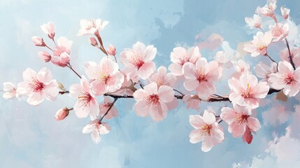 Fototapeta premium Delicate cherry blossoms bloom against a serene blue background, symbolizing beauty and renewal in nature.