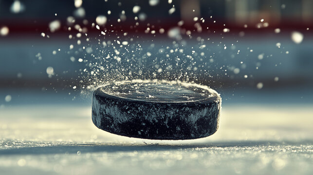 close up ice hockey puck in the arena