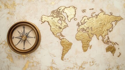 Obraz premium Compass on a sepia-toned world map, with delicate touches of gold leaf around the edges