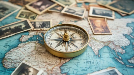 Compass on a world map with a background of travel postcards and old photographs
