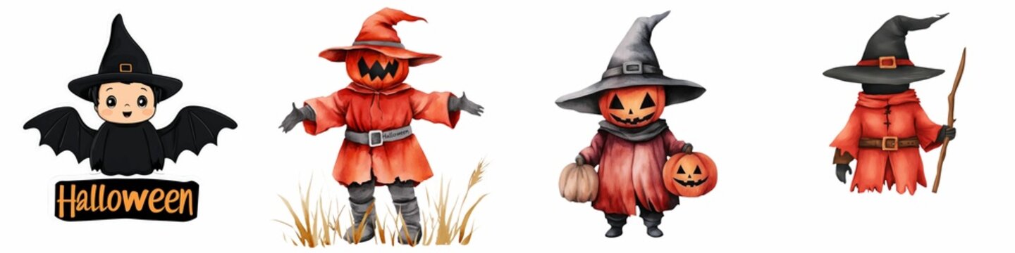 Illustration set featuring a cute witch with bat wings and Halloween text, a pumpkin-headed scarecrow in a red robe, and two jack-o'-lantern characters wearing red robes and witch hats, holding pumpki