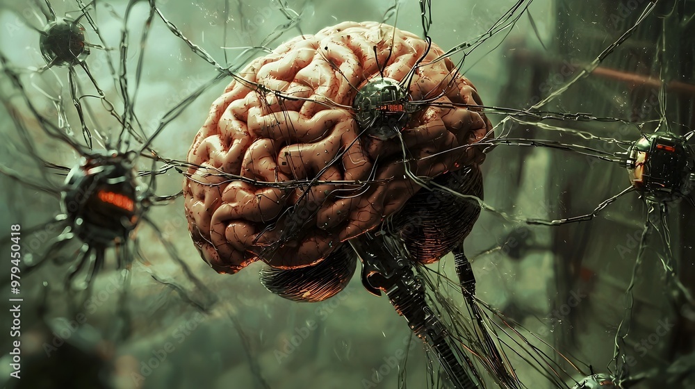 Poster futuristic brain linking to interconnected machines and computers concept art
