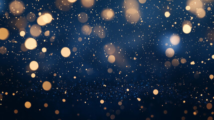 Fototapeta premium Night Sky Sparkle: A mesmerizing abstract background featuring a captivating blend of gold bokeh lights and shimmering dust particles against a deep blue night sky.