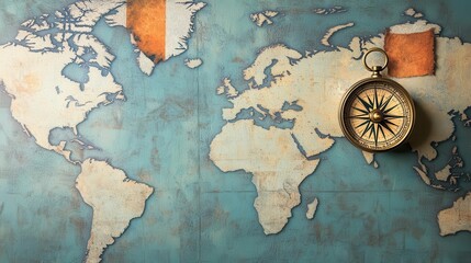 Compass on a world map with an old, faded flag of a long-lost empire