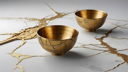 Golden kintsugi style made tea cups isolated in white pristine backdrop.