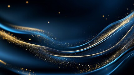 Fototapeta premium Abstract Gold and Blue Swirls: A mesmerizing digital art piece featuring shimmering gold particles dancing over a deep blue wave, creating a sense of movement, energy, and luxury.