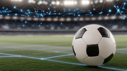 A soccer ball rests on a blurred stadium field, enhanced by blue glowing lines and digital connections, showcasing a modern, technology-driven sporting environment