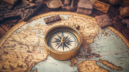 Naklejka premium Compass resting on a map of the ancient world, surrounded by relics of history