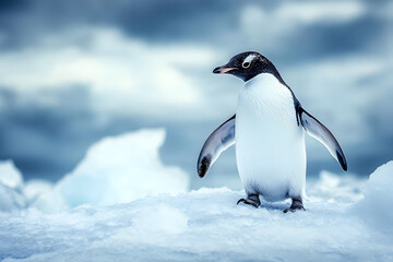 Fototapeta premium Penguin on ice with a blue-toned sky 