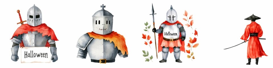 A Halloween-themed illustration featuring three armored knights with swords and spears, each wearing red capes and helmets, and a samurai in a red robe with a sword seen from the back.