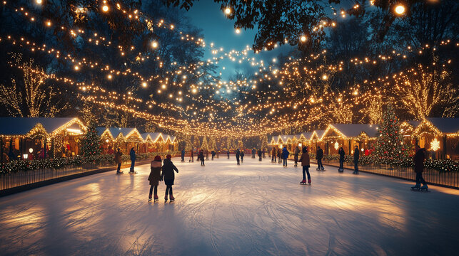 outdoor ice rink in the night with christmas lights 