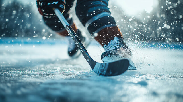 close up of ice hockey player with the stick on the ice
