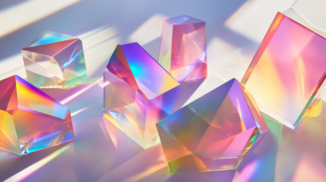 Prism shapes refract light into soft gradients of rainbow colors, casting smooth, colorful shadows across a clean, white background.