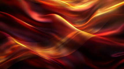 Fototapeta premium Rich silk in shades of crimson and gold, swirling in soft, flowing waves against a dark background, with highlights adding depth and motion.