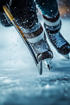 close up of ice hockey player with the stick on the ice