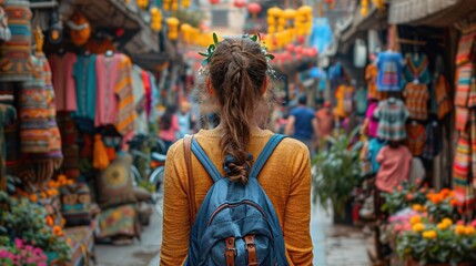 Obraz premium Woman Exploring Colorful Market Street in Asia