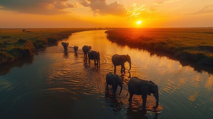 Elephants Crossing River at Sunset