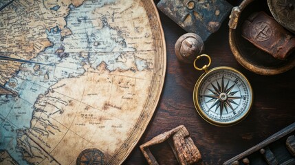Fototapeta premium Explorer s table with a compass, map, and ancient artifacts hinting at past adventures