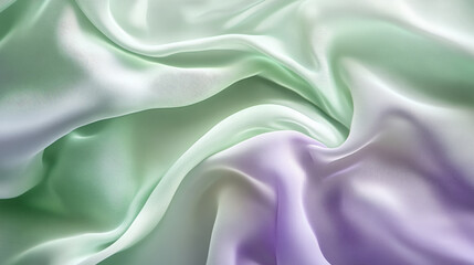 Obraz premium Silky fabric in soft pastel hues of green and lavender, folding and curving in gentle waves to create a calming, abstract background.