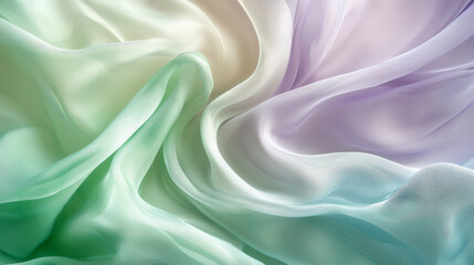Silky fabric in soft pastel hues of green and lavender, folding and curving in gentle waves to create a calming, abstract background.