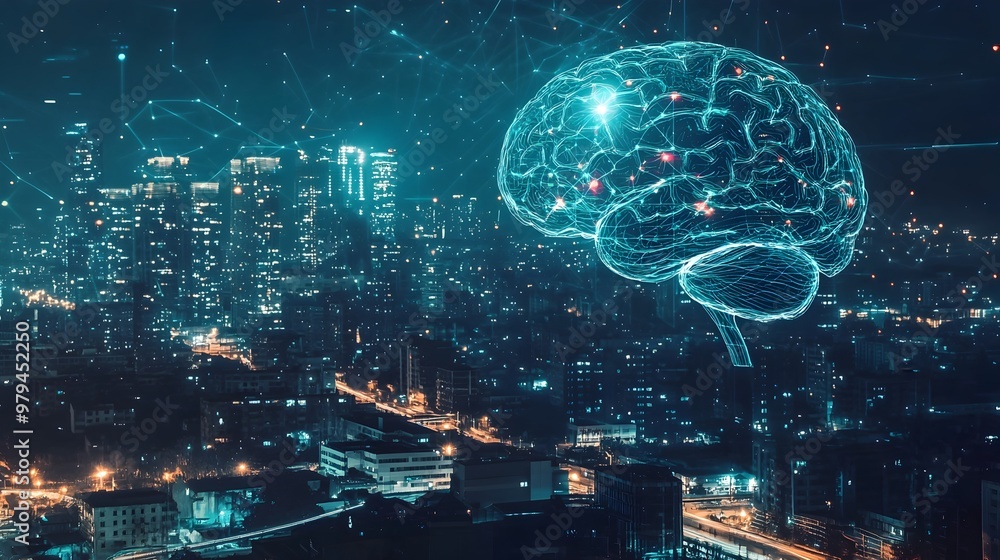 Poster futuristic brain-computer interface controlling smart city infrastructure
