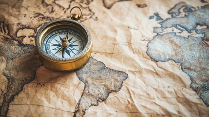 Explorer's compass on a wrinkled, hand-drawn world map, surrounded by old charts