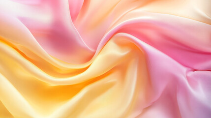 Obraz premium Silky smooth fabric in pastel pink and light yellow, flowing and swirling in abstract waves, creating a soft, calming background.
