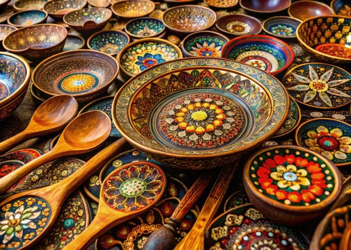 Fantastical intricate mandala pattern ornate lacquerware utensils