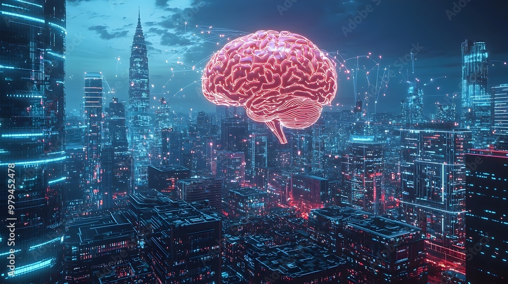 Poster futuristic brain-computer interface technology controlling smart city infrastructure and urban