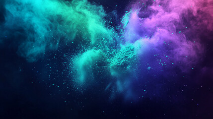 Cosmic Burst: A vibrant explosion of turquoise and magenta powder erupts against a deep black backdrop, creating a dynamic and ethereal abstract pattern. 